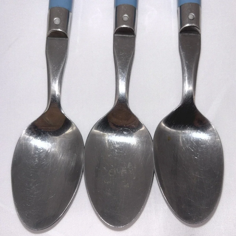 Interpur Korea Stainless Flatware Blue Handle Soup Spoons Lot Of 5 Vintage MCM